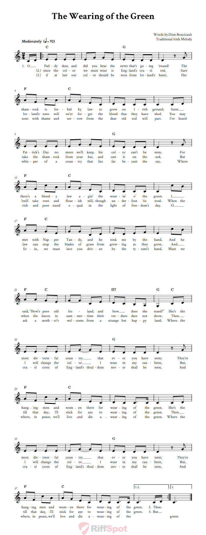 The Wearing of the Green Treble Clef Sheet Music for F Instruments