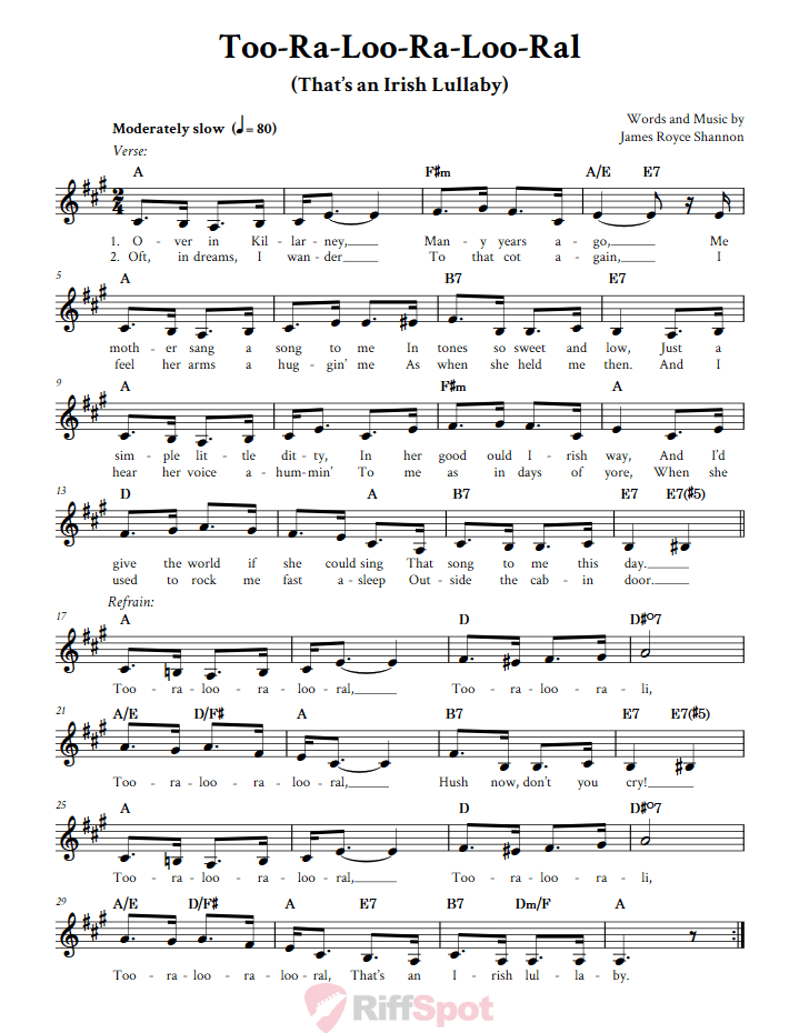 Too-Ra-Loo-Ra-Loo-Ral (That's an Irish Lullaby) Treble Clef Sheet Music for F Instruments