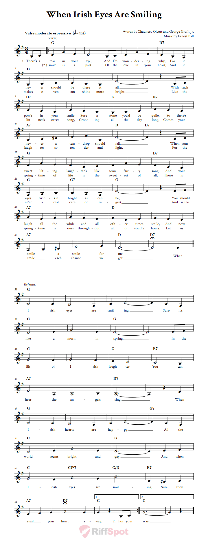 When Irish Eyes Are Smiling Treble Clef Sheet Music for F Instruments