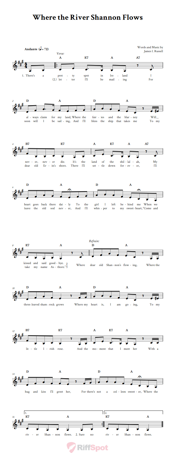 Where the River Shannon Flows Treble Clef Sheet Music for F Instruments