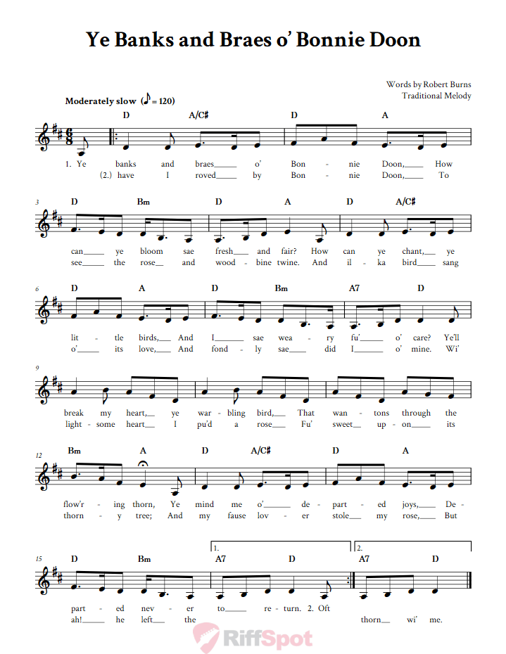 Ye Banks And Braes o' Bonnie Doon Treble Clef Sheet Music for F Instruments