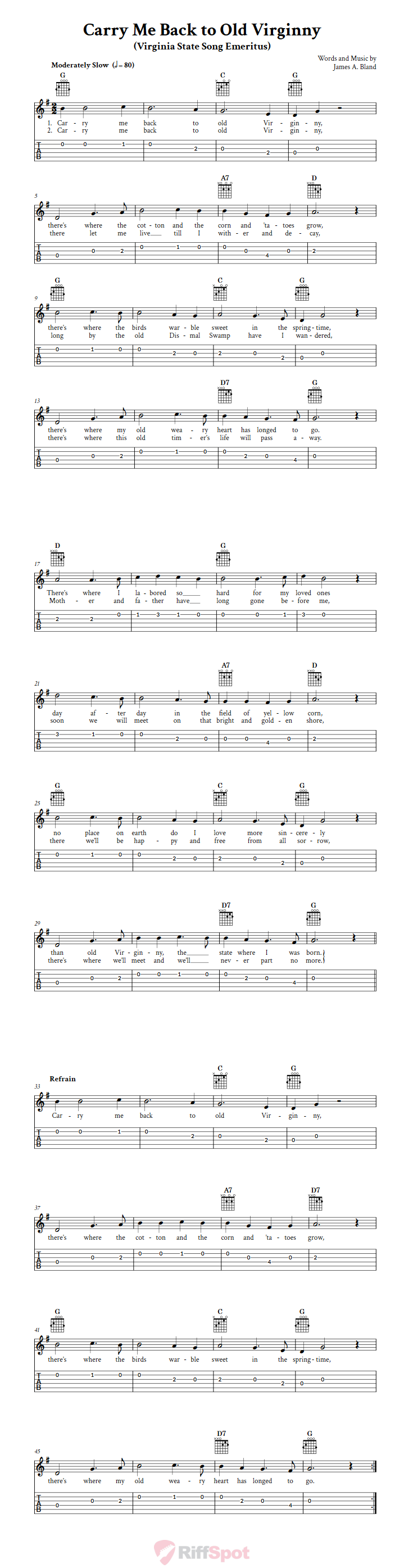 Carry Me Back to Old Virginny Guitar Tab
