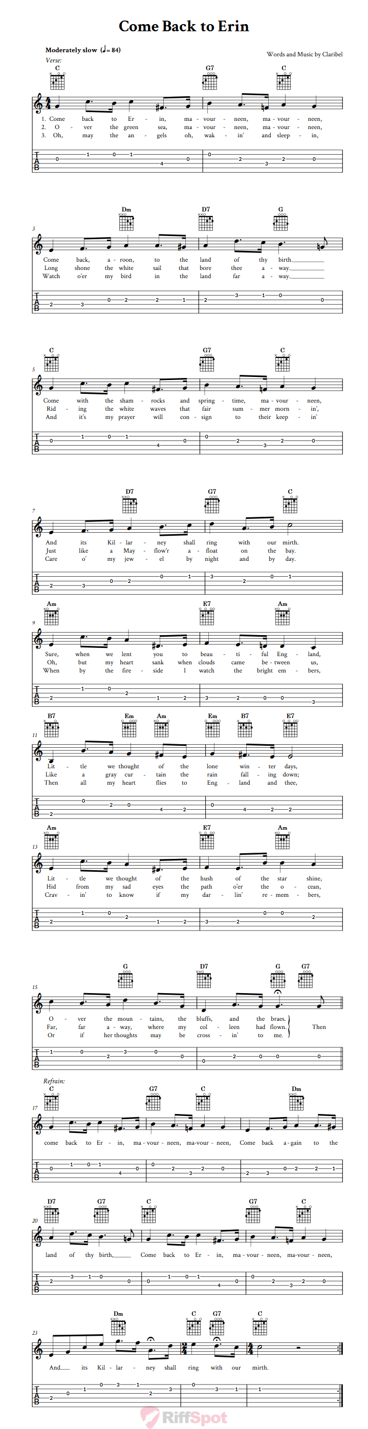 Come Back To Erin Guitar Tab