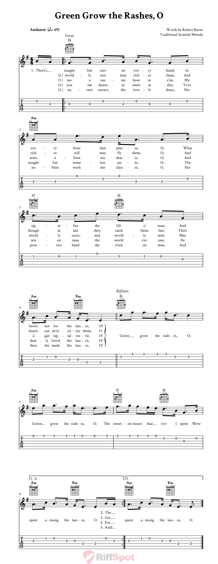 Green Grow The Rashes, O Guitar Tab