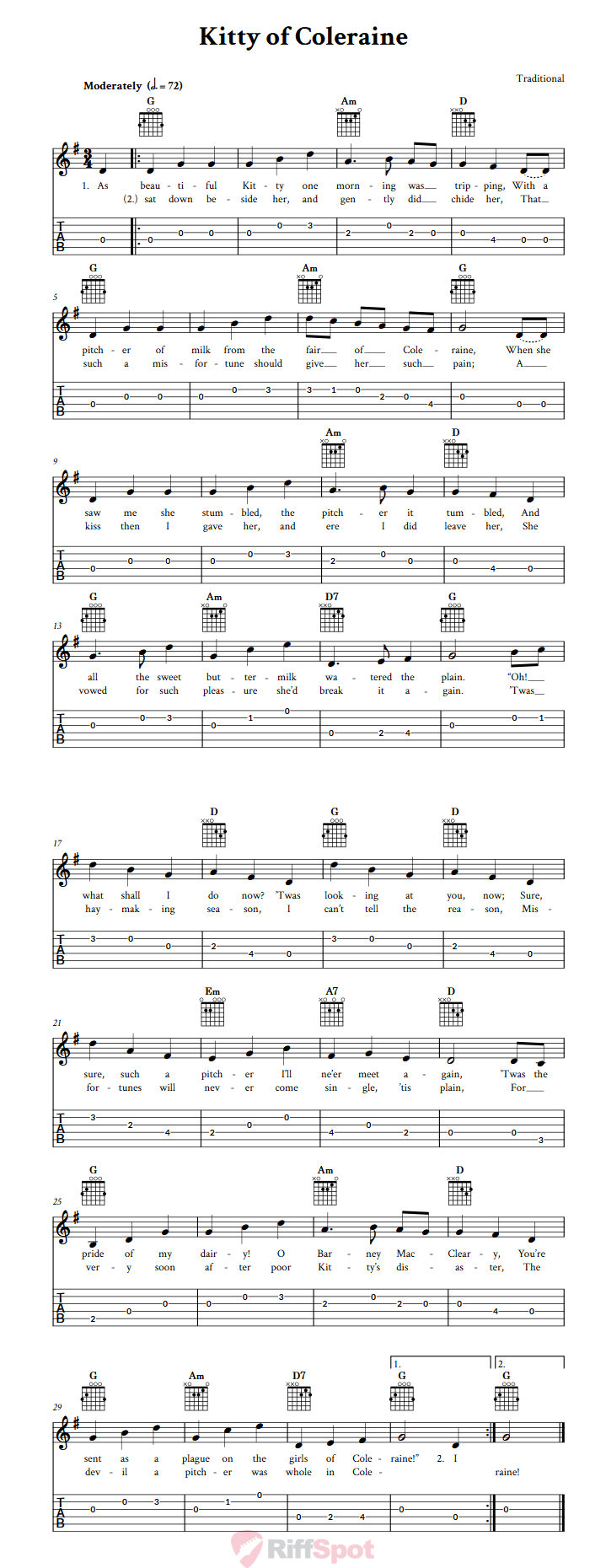 Kitty of Coleraine Guitar Tab