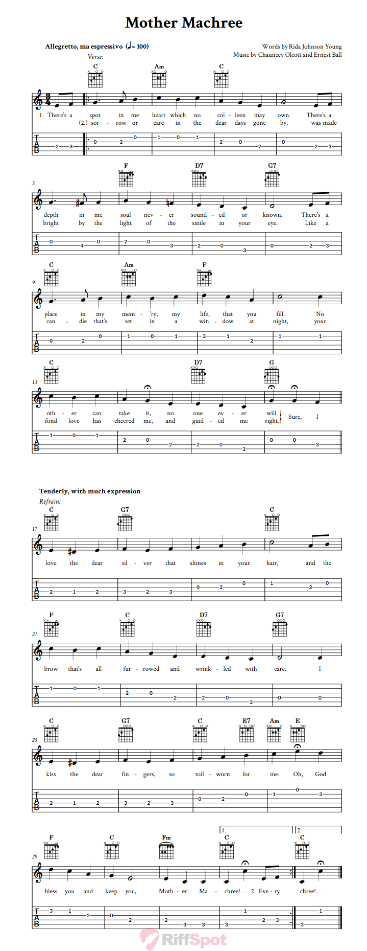Mother Machree Guitar Tab