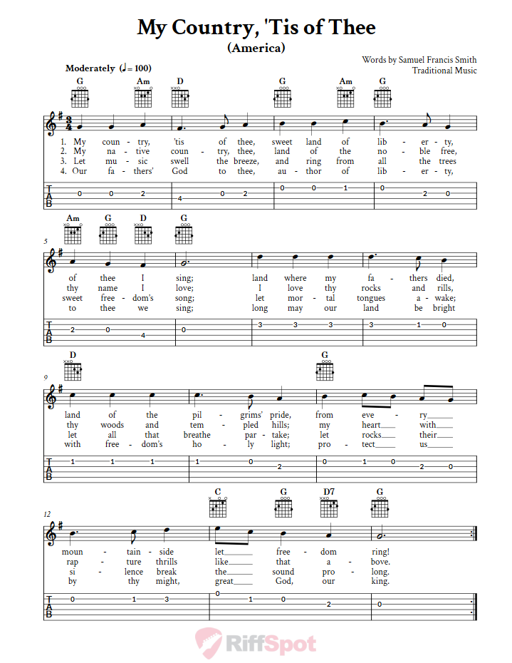 My Country, 'Tis of Thee Guitar Tab