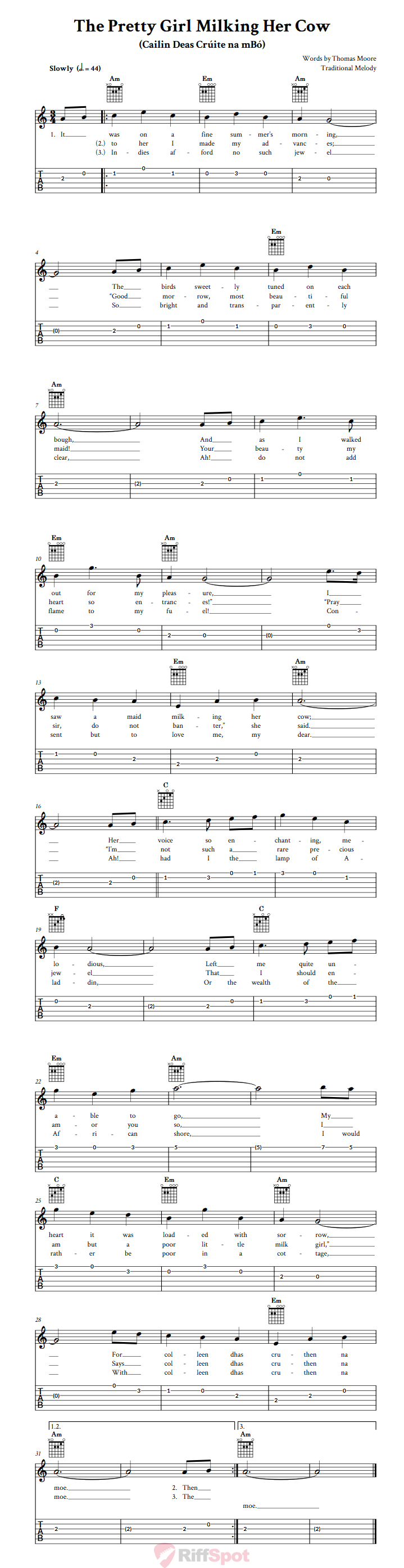 The Pretty Girl Milking Her Cow Guitar Tab