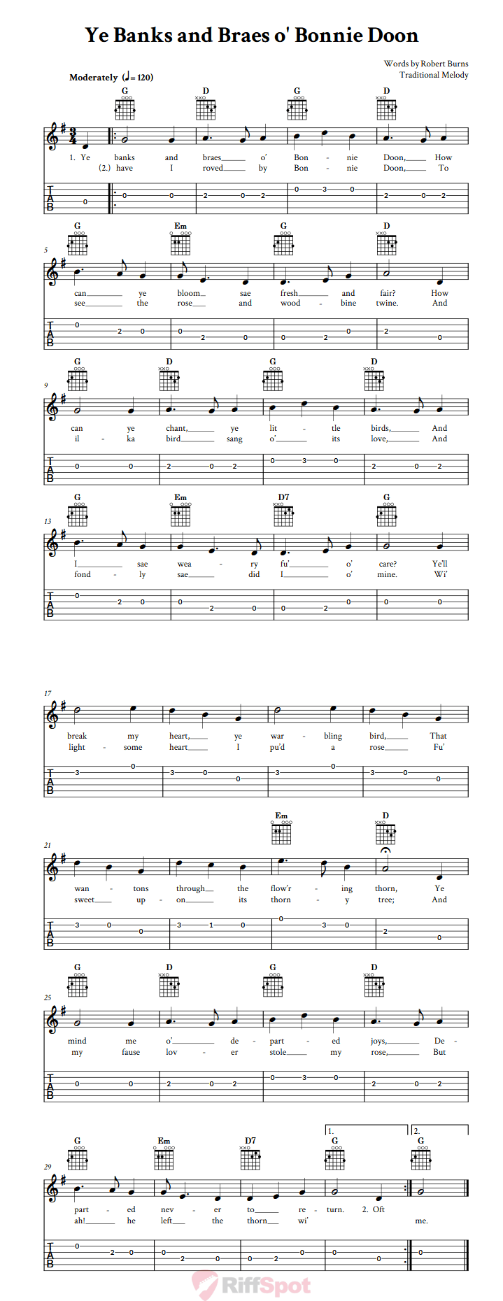 Ye Banks And Braes o' Bonnie Doon Guitar Tab