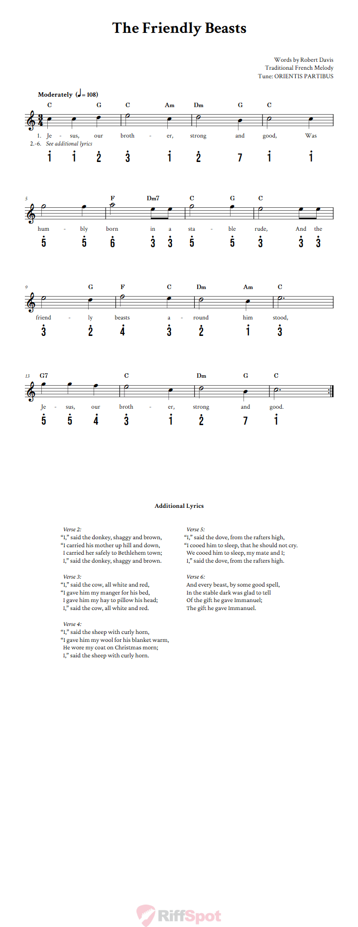 The Friendly Beasts Kalimba Tab
