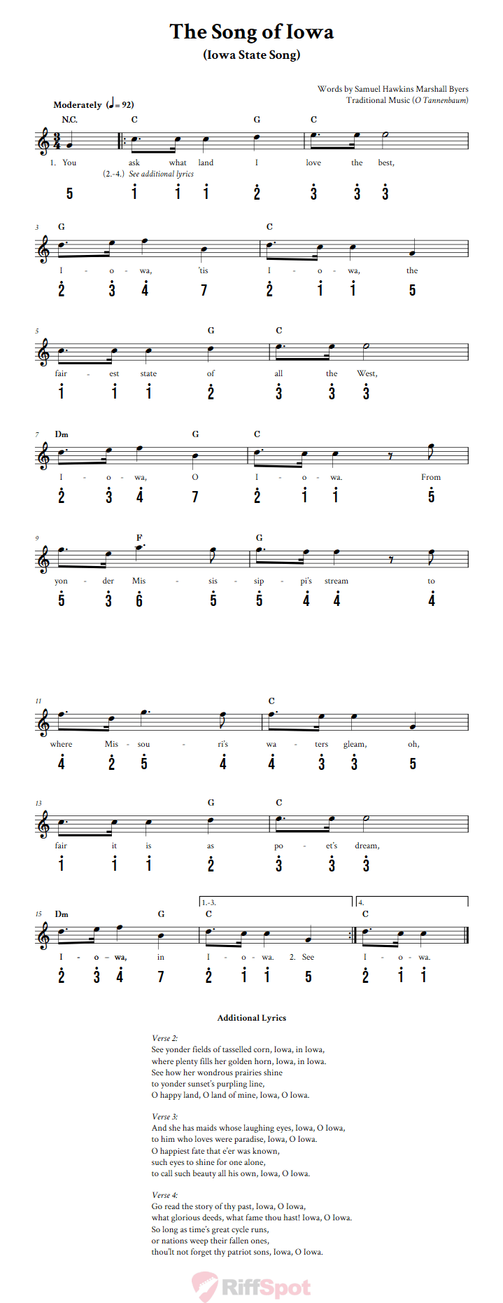 The Song of Iowa Kalimba Tab