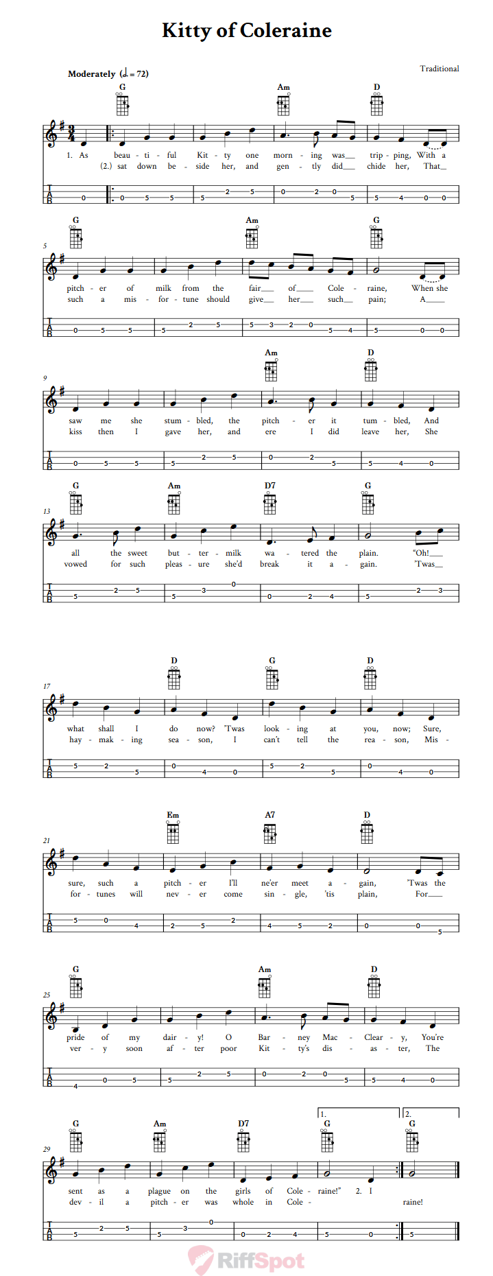 Kitty of Coleraine Mandolin Tab