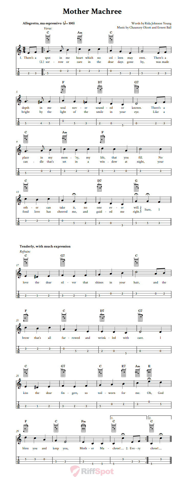 Mother Machree Mandolin Tab