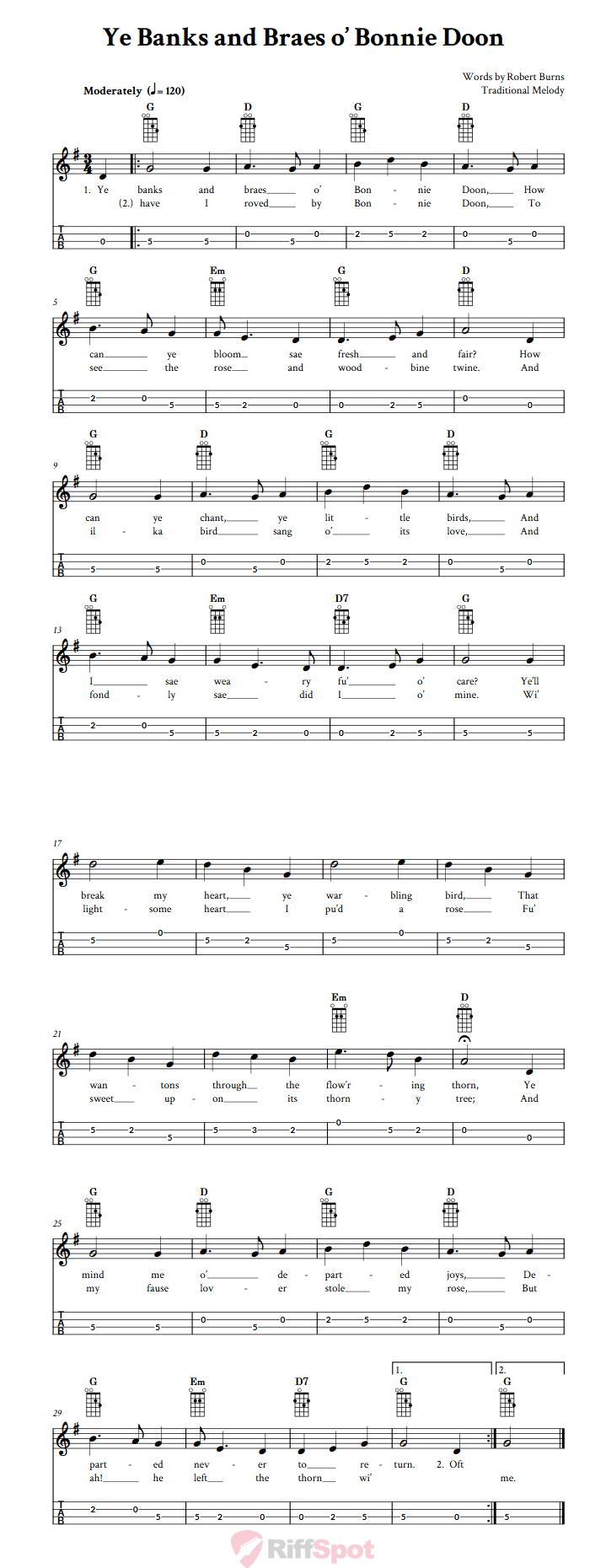 Ye Banks And Braes o' Bonnie Doon Mandolin Tab
