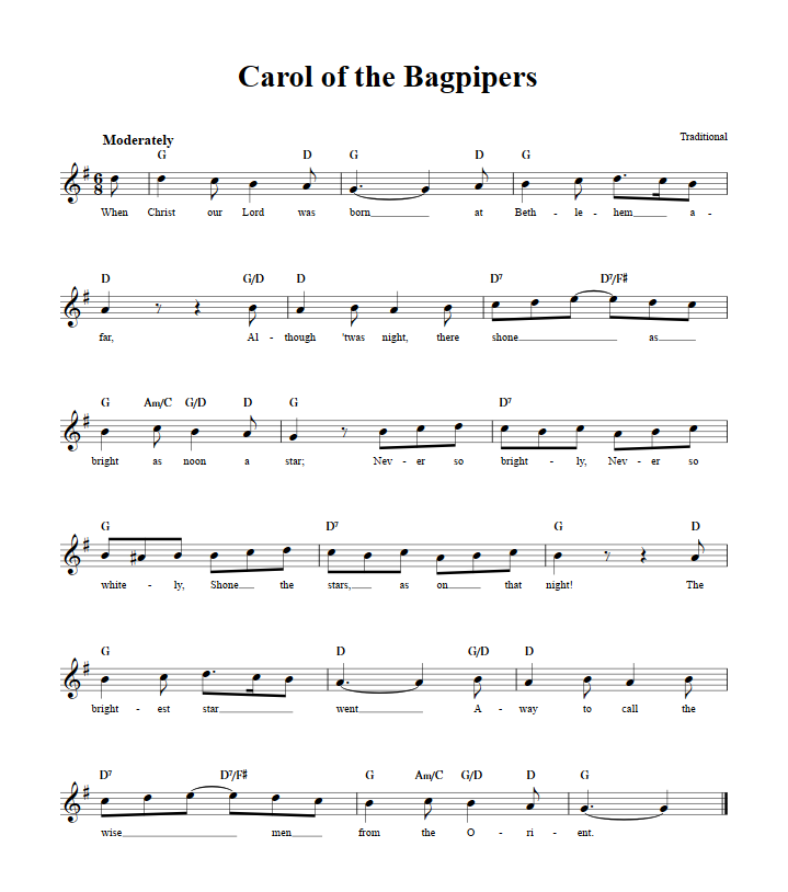 Carol of the Bagpipers: Chords, Lyrics, and Sheet Music for C Instruments