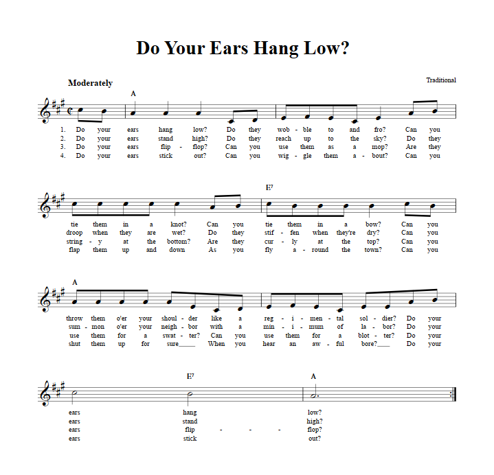 Do Your Ears Hang Low? Chords, Lyrics, and Sheet Music for BFlat