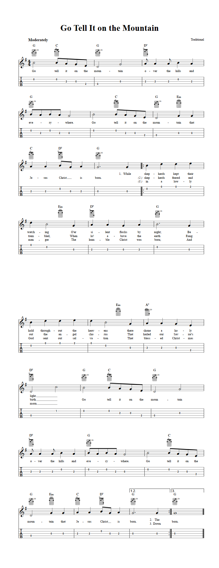 Go Tell It on the Mountain: Chords, Sheet Music, and Tab for Banjo with Lyrics