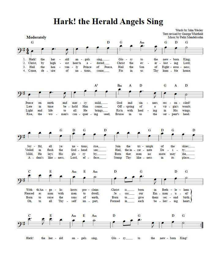 Hark! the Herald Angels Sing: Chords, Lyrics, and Bass Clef Sheet Music