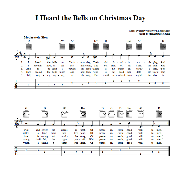 I Heard the Bells on Christmas Day: Chords, Sheet Music, and Tab for Guitar with Lyrics