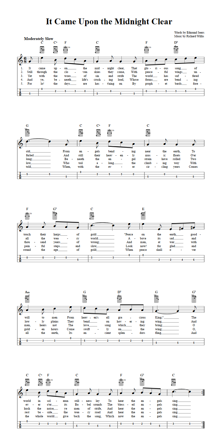 It Came Upon the Midnight Clear: Chords, Sheet Music and Tab for Mandolin with Lyrics