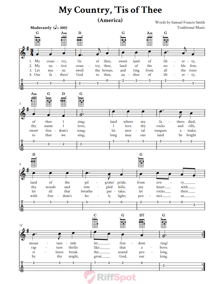 My Country 'Tis of Thee Chords, Sheet Music and Tab for Ukulele with