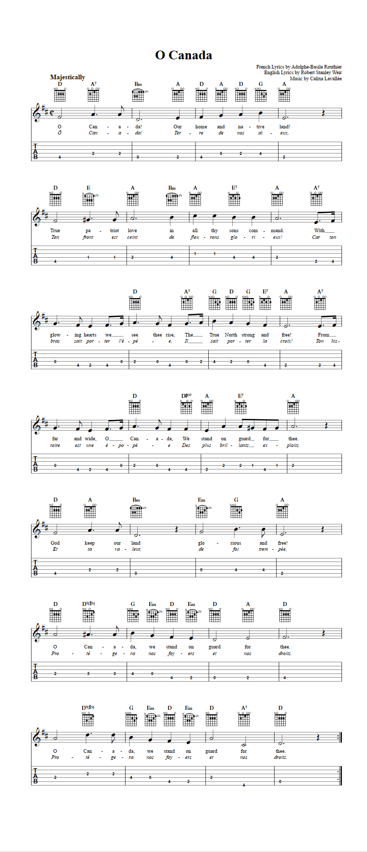 O Canada Chords, Sheet Music, and Tab for Guitalele with Lyrics