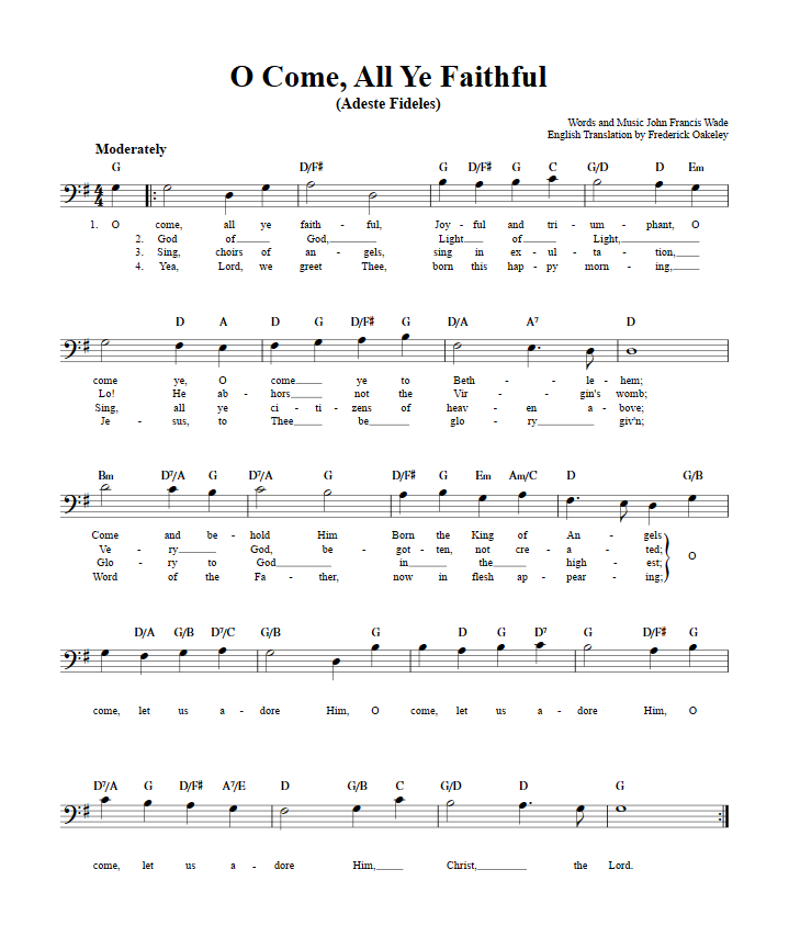 O Come All Ye Faithful: Chords, Lyrics, and Bass Clef Sheet Music