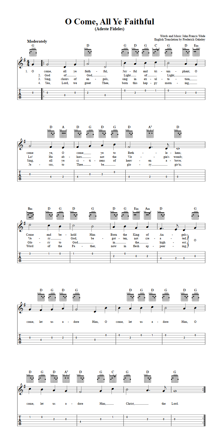 O Come All Ye Faithful: Chords, Sheet Music, and Tab for Guitar with Lyrics