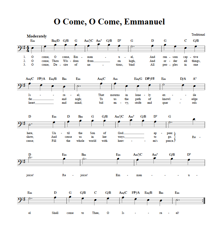 O Come, O Come Emmanuel: Chords, Lyrics, and Bass Clef Sheet Music