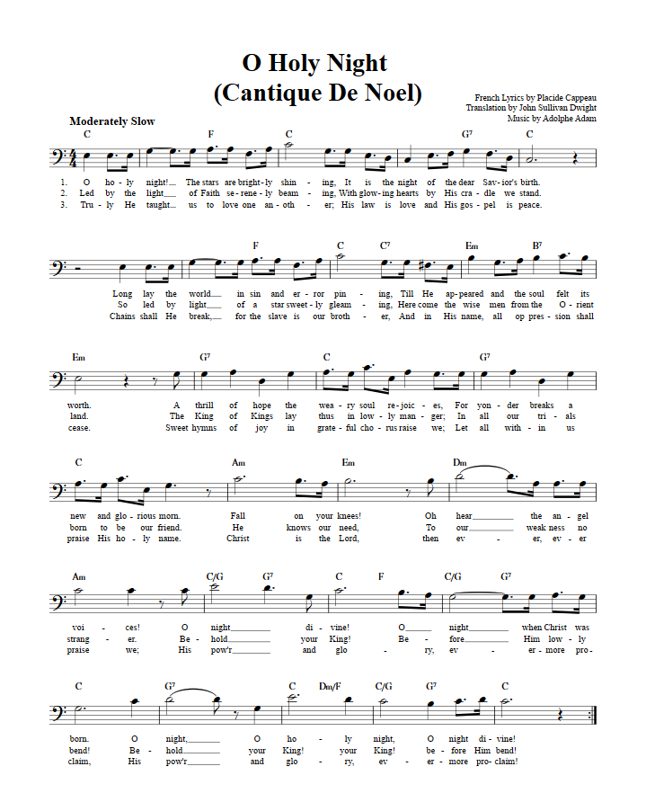 O Holy Night: Chords, Lyrics, and Bass Clef Sheet Music