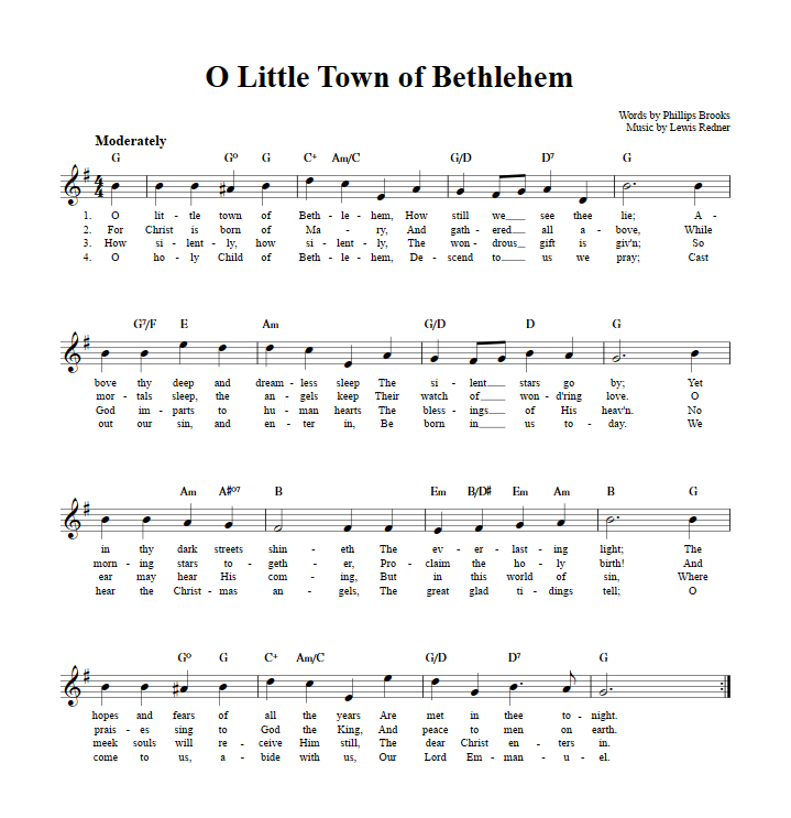 O Little Town of Bethlehem Chords, Lyrics, and Sheet Music for C