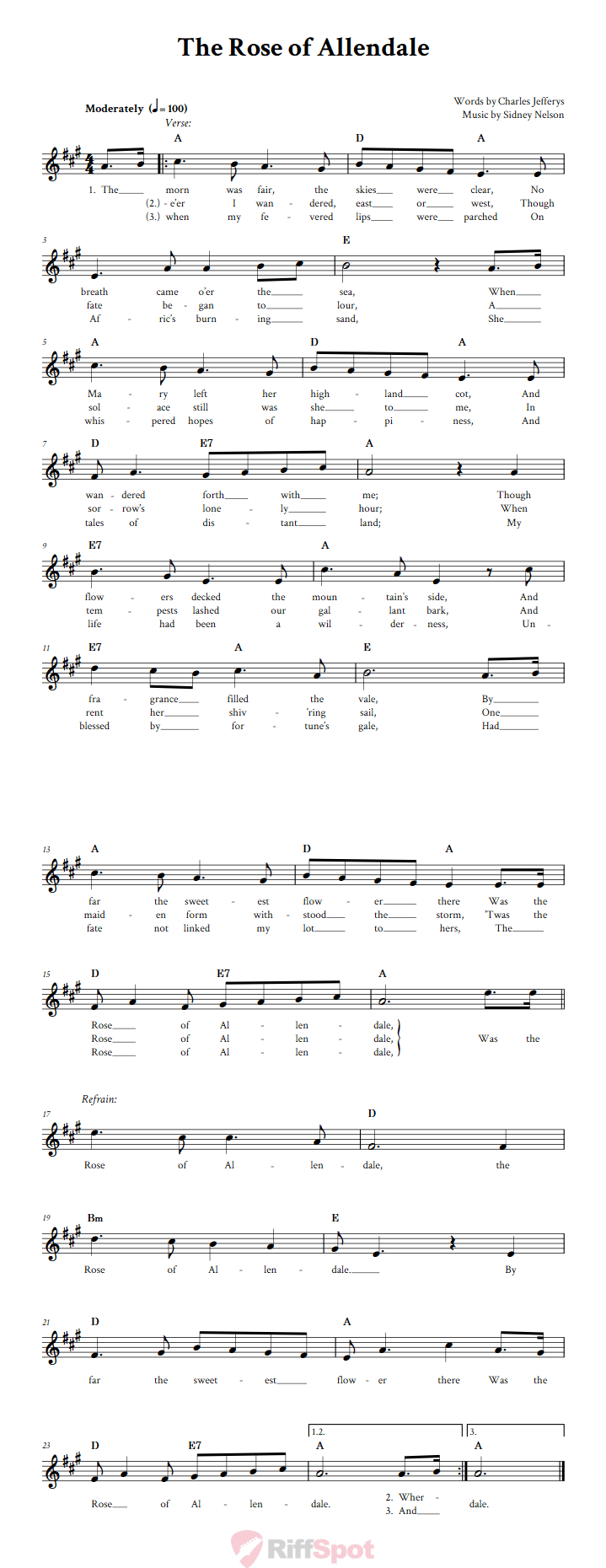 The Rose of Allendale Chords, Lyrics, and Sheet Music for BFlat
