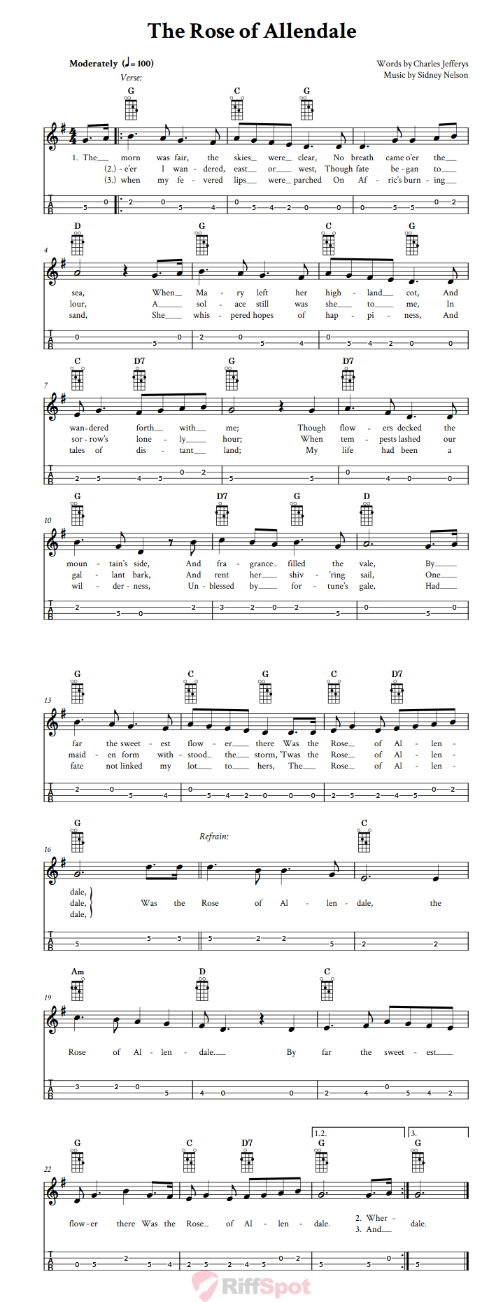 The Rose of Allendale Chords, Sheet Music and Tab for Mandolin with Lyrics