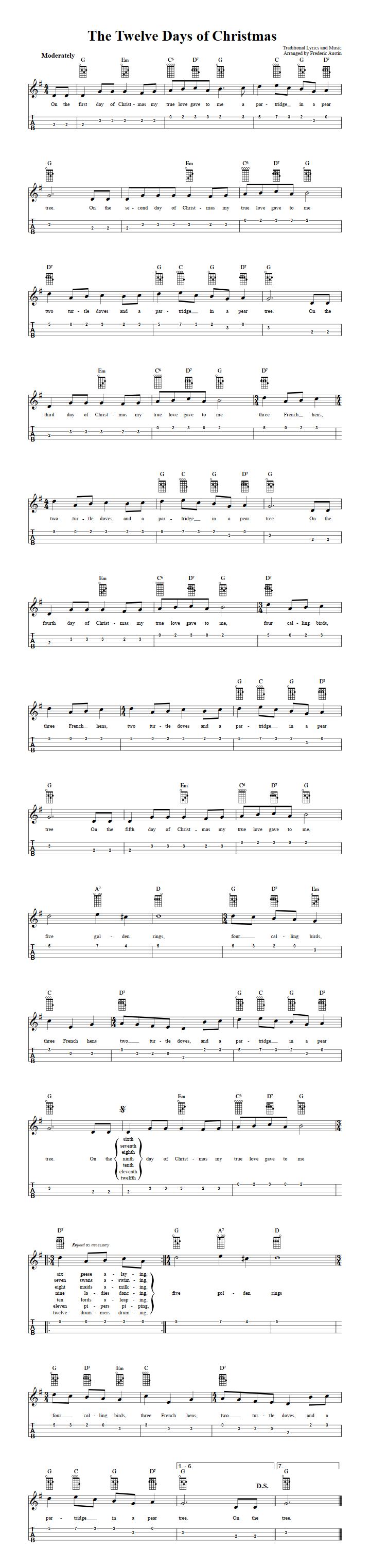 The Twelve Days of Christmas: Chords, Sheet Music and Tab for Ukulele with Lyrics
