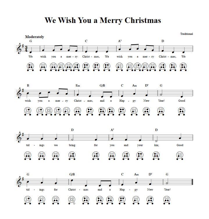 We Wish You a Merry Christmas: Chords, Sheet Music, and Tab for 6 Hole Ocarina with Lyrics