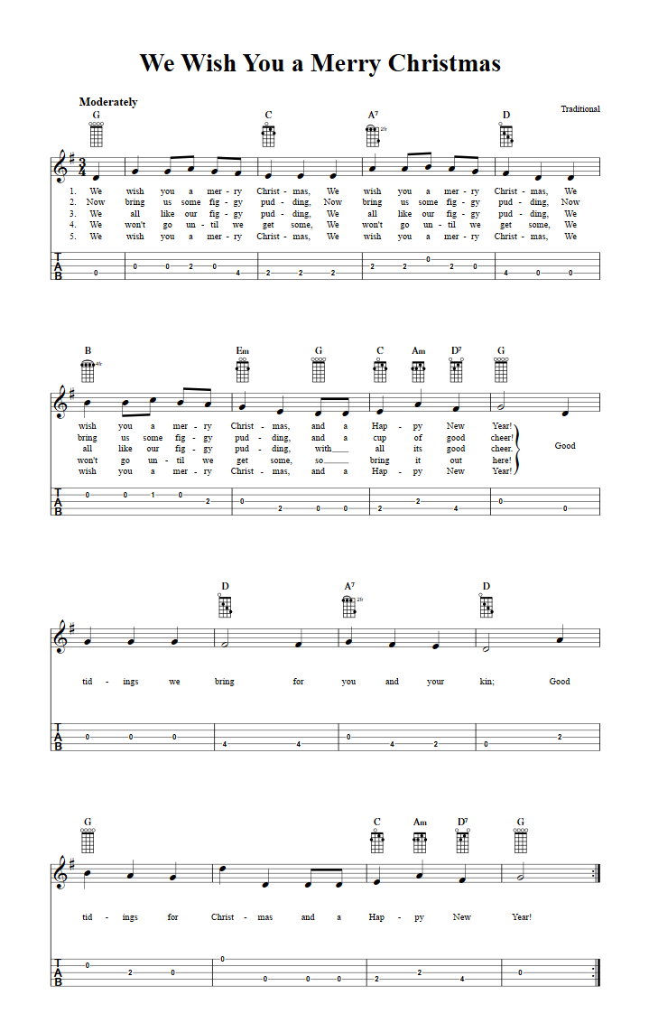 We Wish You a Merry Christmas: Chords, Sheet Music, and Tab for Banjo with Lyrics