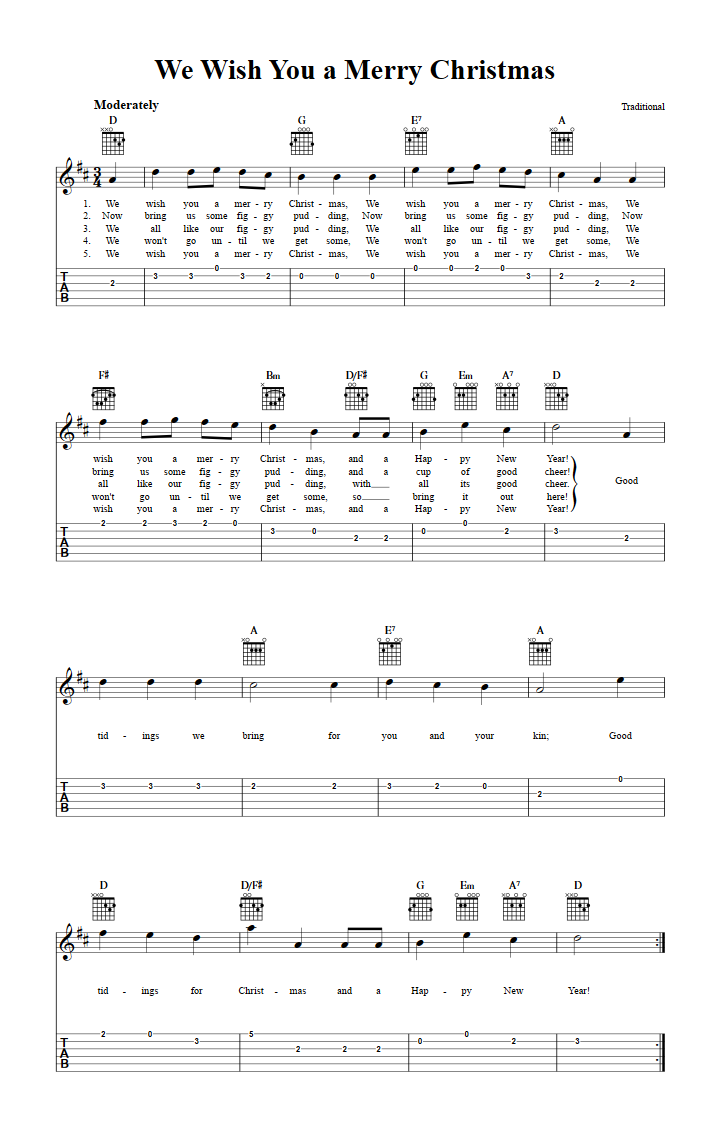 We Wish You a Merry Christmas: Chords, Sheet Music, and Tab for Guitar with Lyrics