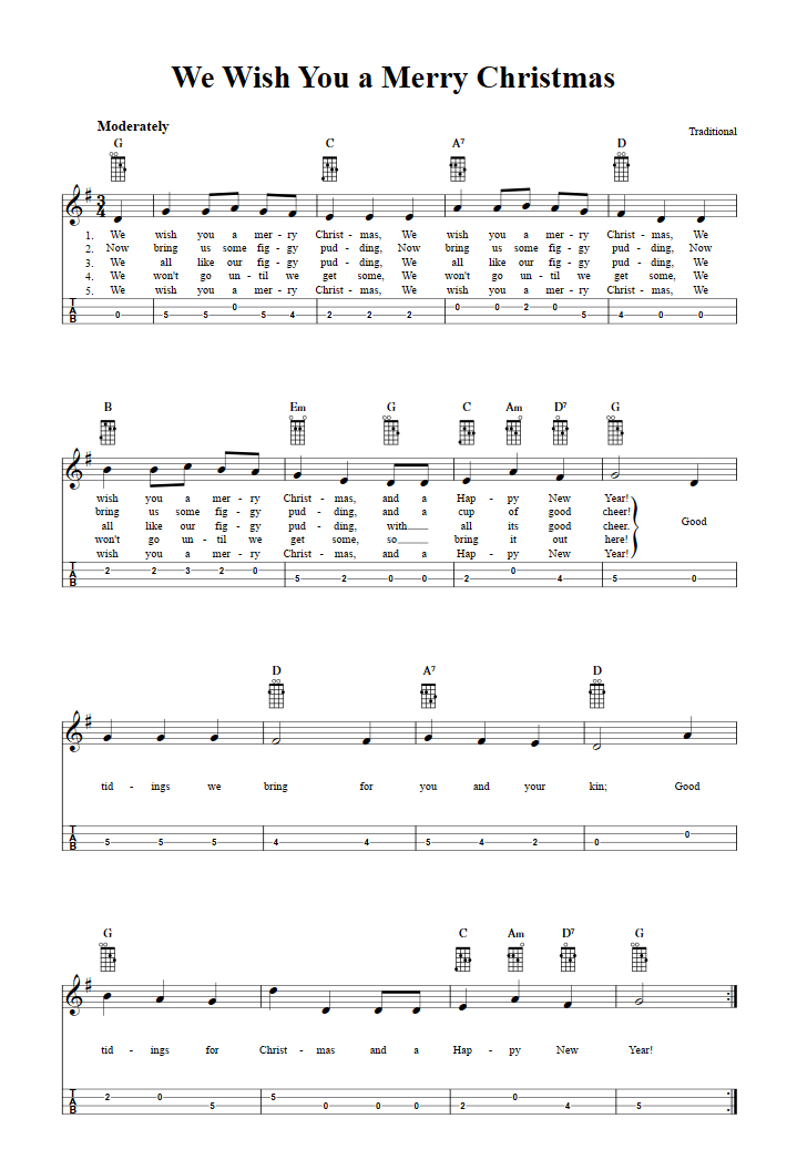 We Wish You a Merry Christmas: Chords, Sheet Music and Tab for Mandolin with Lyrics