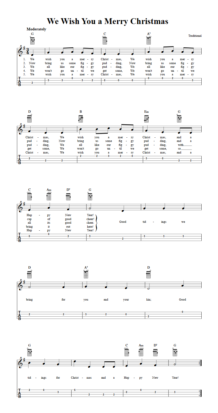 We Wish You a Merry Christmas: Chords, Sheet Music and Tab for Ukulele with Lyrics