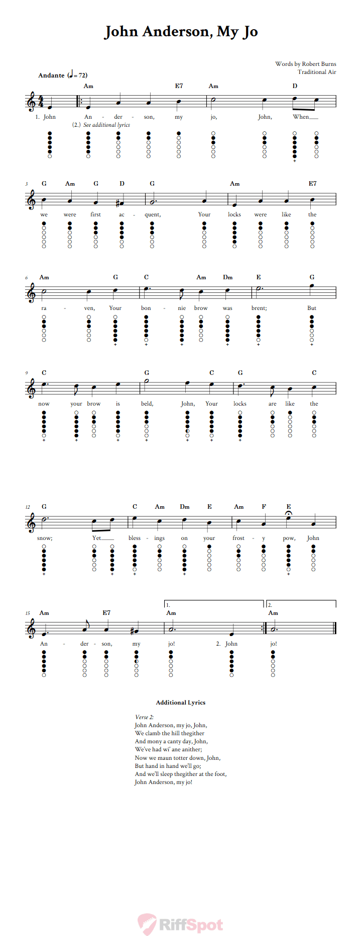 John Anderson, My Jo Tin Whistle Tab