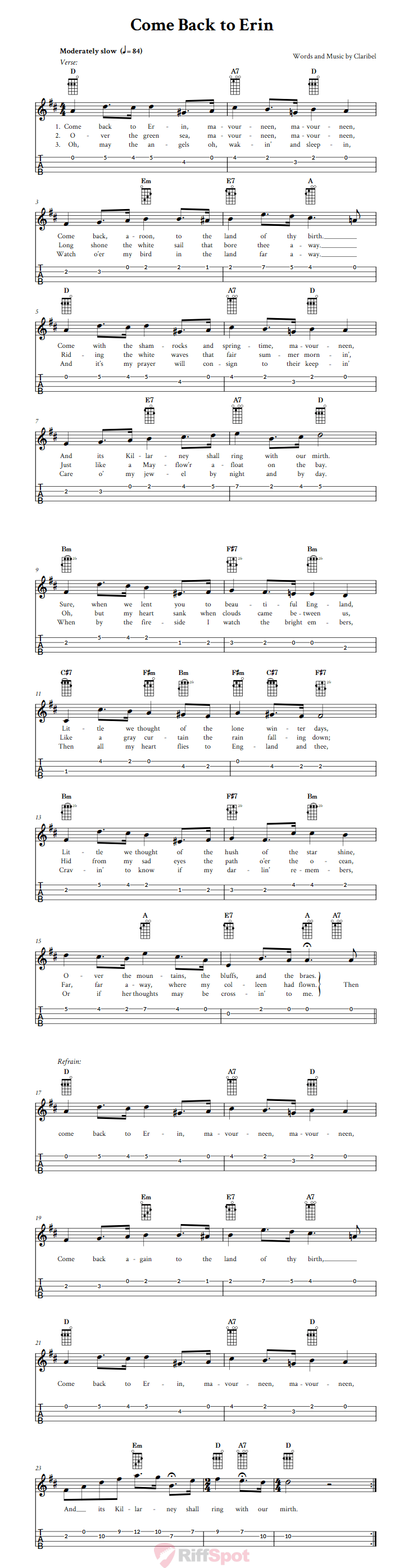 Come Back To Erin Ukulele Tab