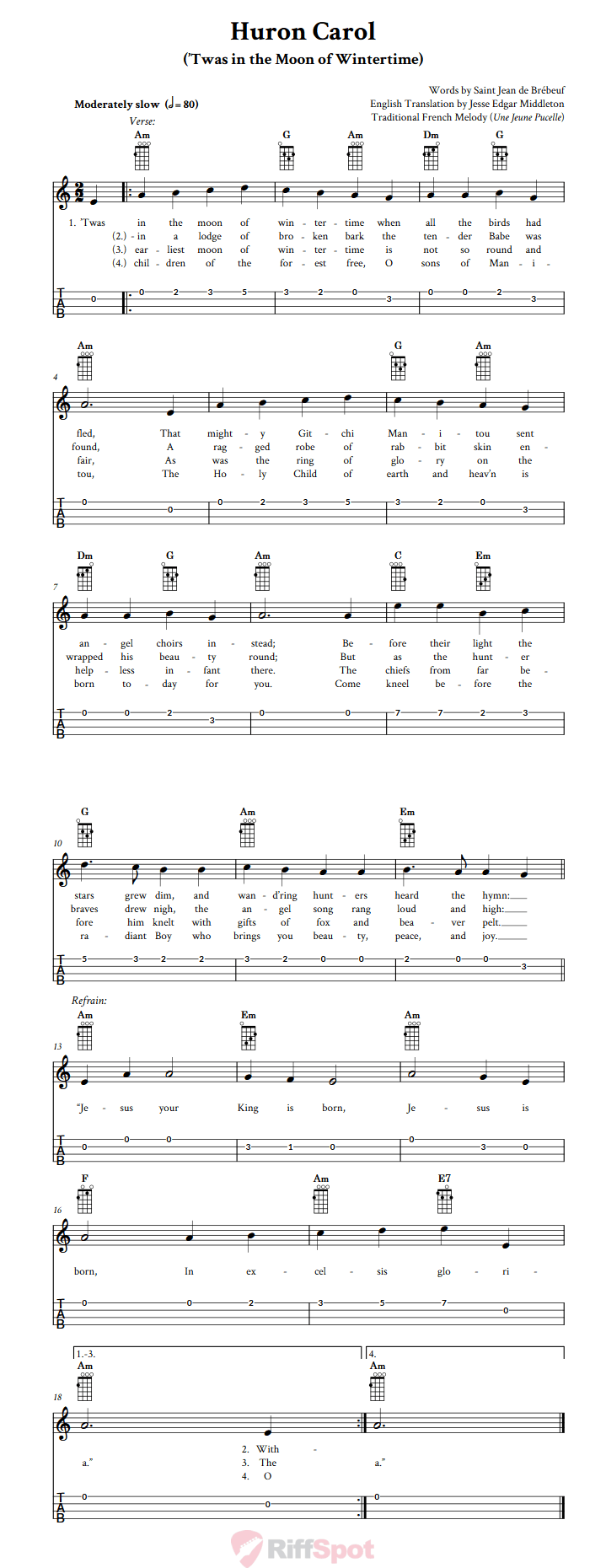 Huron Carol Ukulele Tab