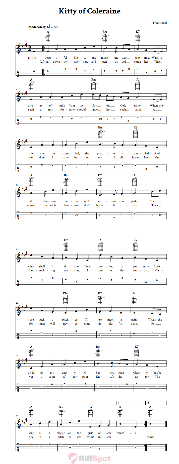 Kitty of Coleraine Ukulele Tab