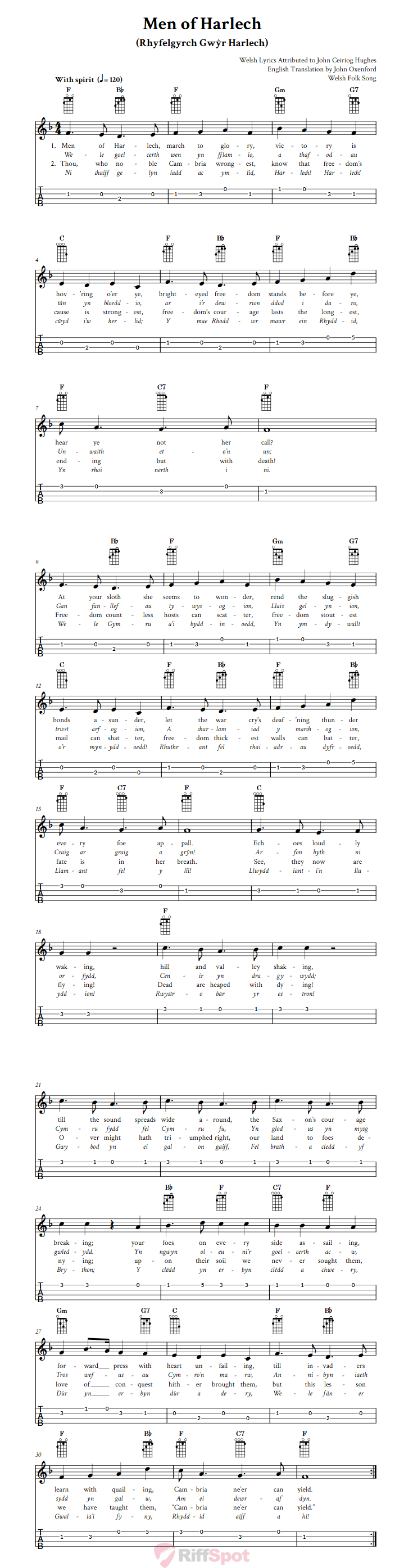 Men of Harlech Ukulele Tab
