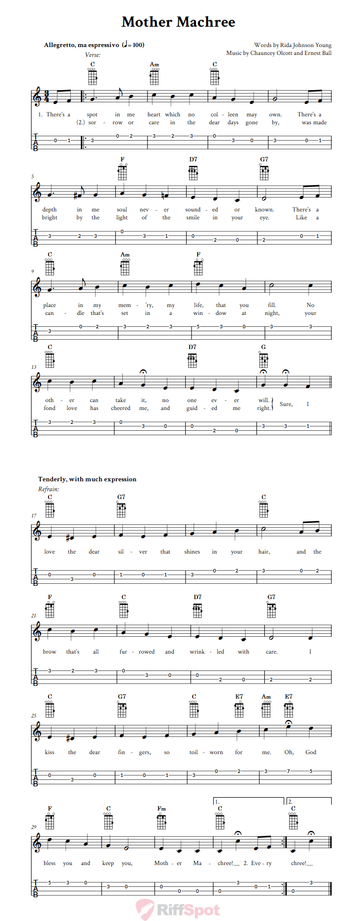 Mother Machree Ukulele Tab