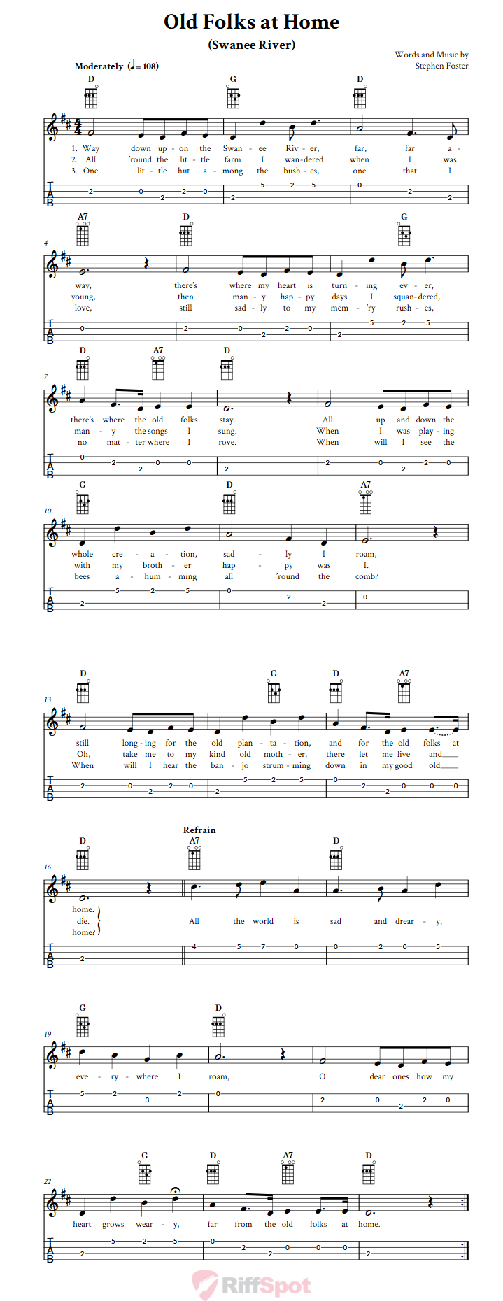 Old Folks at Home Ukulele Tab