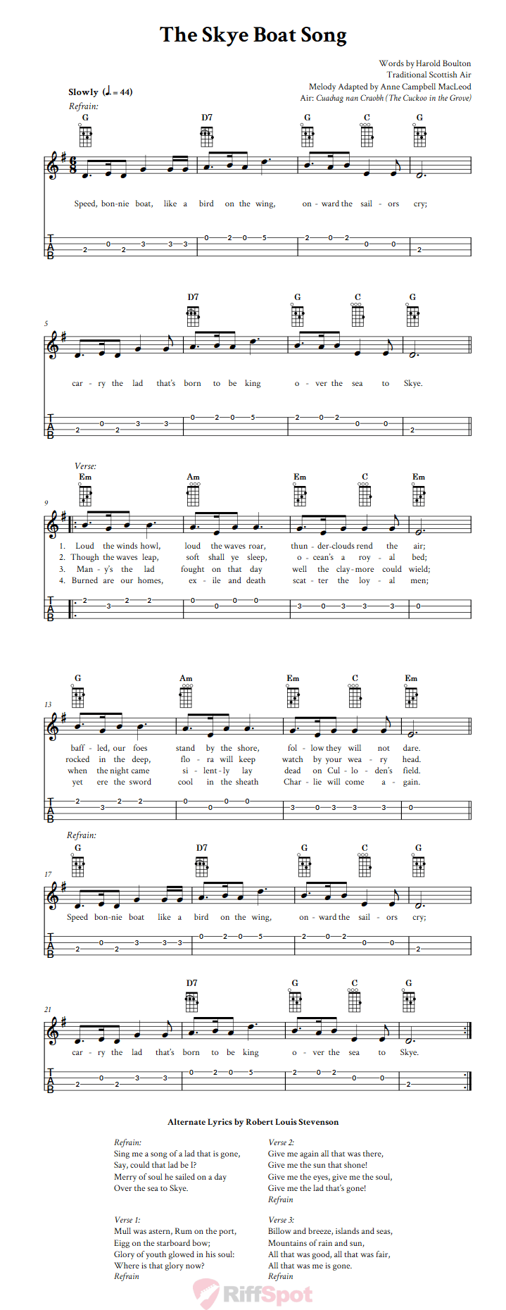 The Skye Boat Song Ukulele Tab