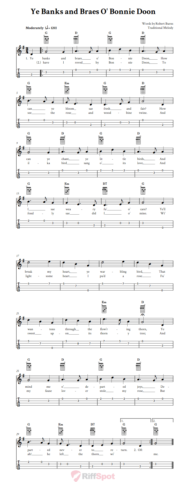 Ye Banks And Braes o' Bonnie Doon Ukulele Tab