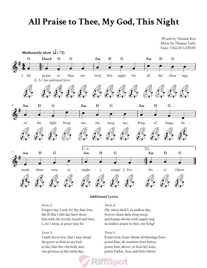 All Praise to Thee, My God, This Night 12-Hole Ocarina Tab
