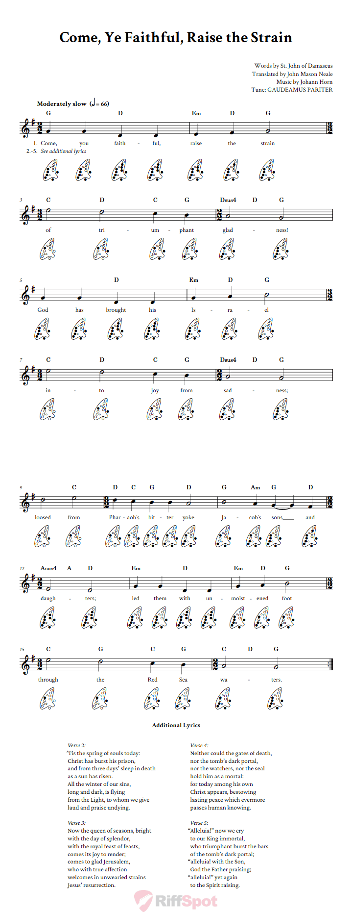 Come, Ye Faithful, Raise the Strain 12-Hole Ocarina Tab
